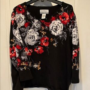 Alfred Dunner Black Top with Red and White Floral Design